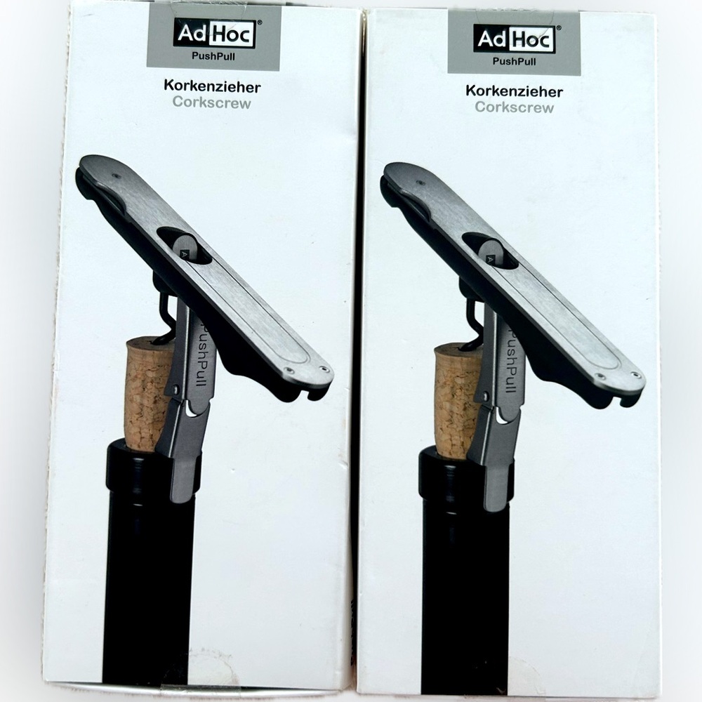 AdHoc PushPull Stainless Steel Corkscrew Set of Two Bottle Opener New in Box